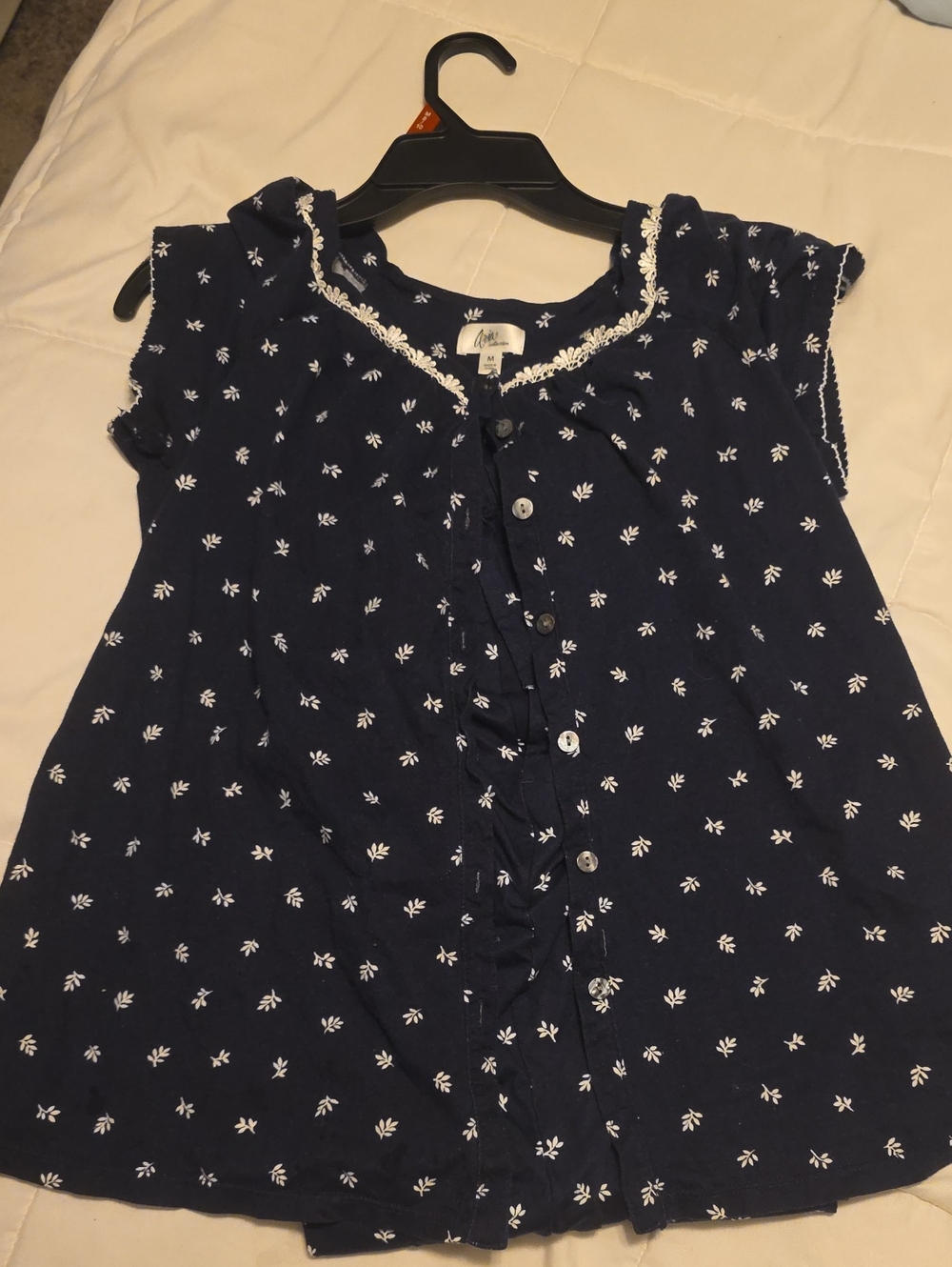 Aria Navy Blue Floral Button-Front Sleep Top with White Lace